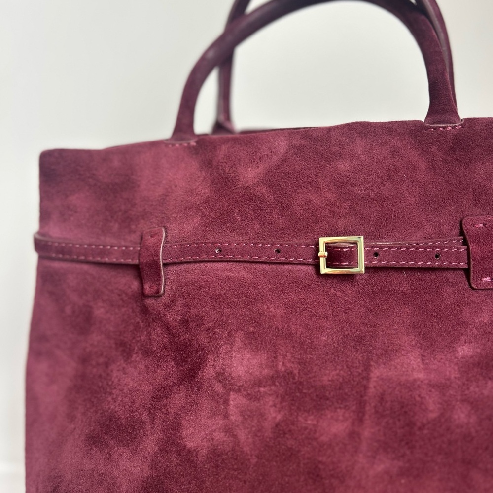 Structured Suede Tote in Burgundy with Gold Buckle